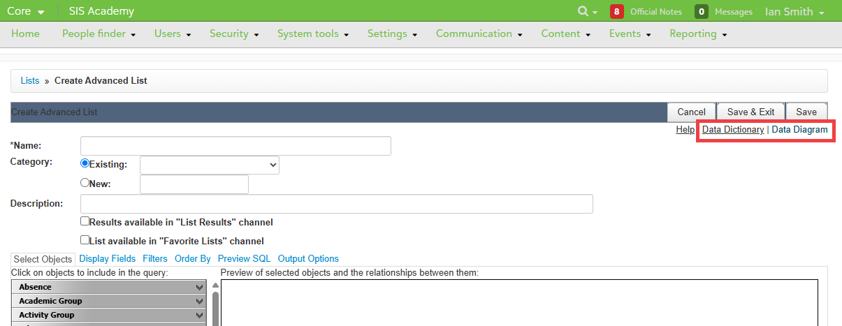 Find the Data Dictionary under the Save and Cancel options when you add or edit an advanced list. 