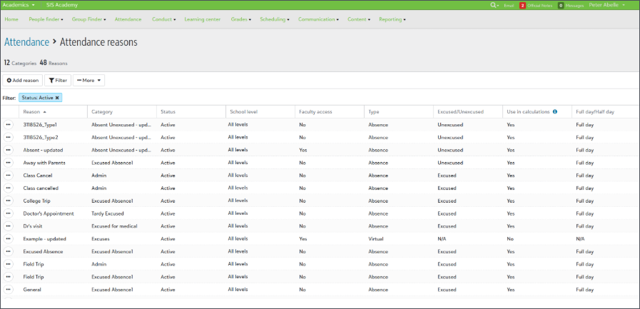 Image shows the attendance reasons page