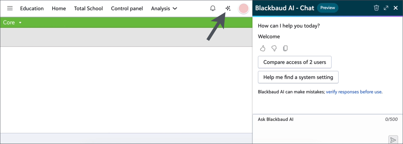 Chat for Blackbaud AI appears as a Sparkle in the Omnibar and opens a panel to Chat