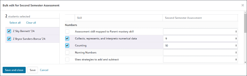 Image shows a screen for Bulk Edit for Second Semester Assignment