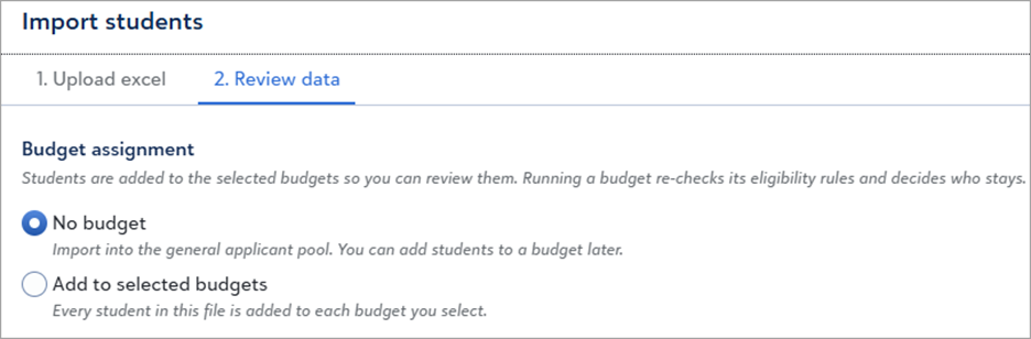 Import students wizard on the Review data step showing a Budget assignment section with No budget selected and an Add to selected budgets option