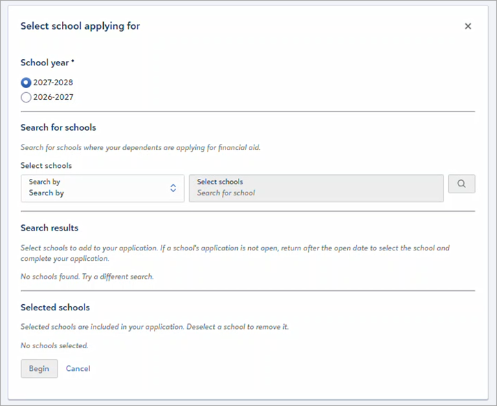 Select school applying for dialog with a School year choice, a Search for schools section, and empty Search results and Selected schools sections