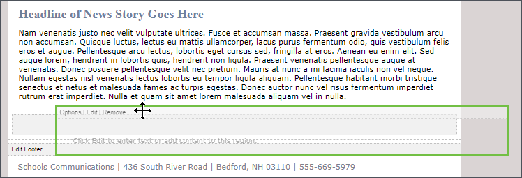 Image shows the lower regions of the Create Pushpage Template page. A thin green rectangle calls attention to a region as it is dragged and dropped into a new location. A solid gray box indicates where the region will go when the user releases the item they're dragging. To select a region to move, grab the region just to the right of "Options, Edit, Remove."