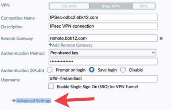 VPN Settings with option for Advanced Settings
