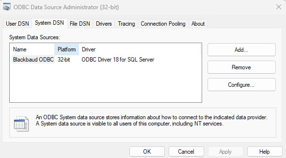 ODBC Microsoft data source add system DSN