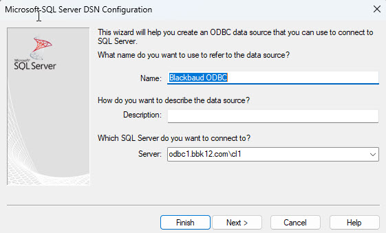 Microsoft SQL Server DSN Configuration with options to set up data source