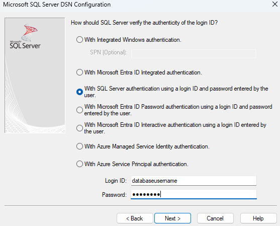 Microsoft SQL Server DSN Configuration with login