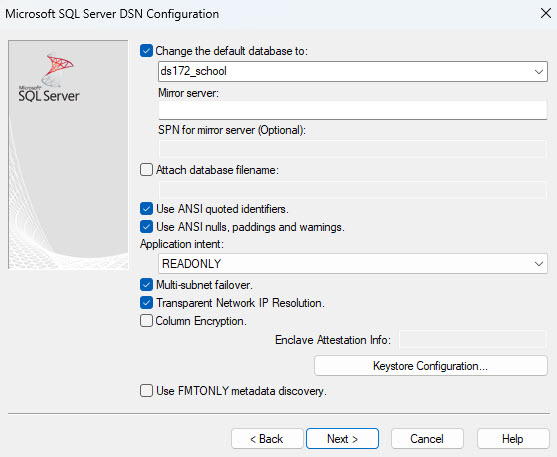 Microsoft SQL Server DSN Configuration with multi-subnet fallover selected
