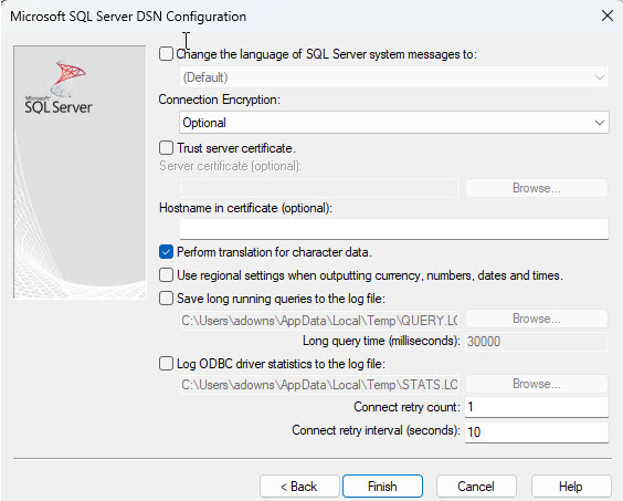 ODBC Microsoft SQL Setup with option to test data source