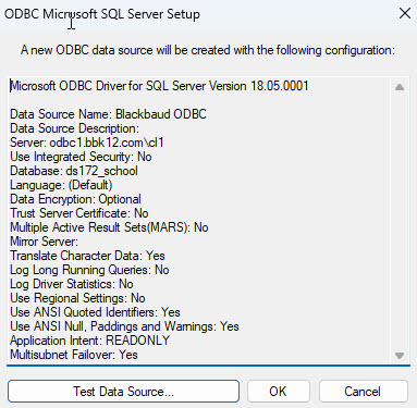 ODBC Microsoft SQL Setup with option to test data source