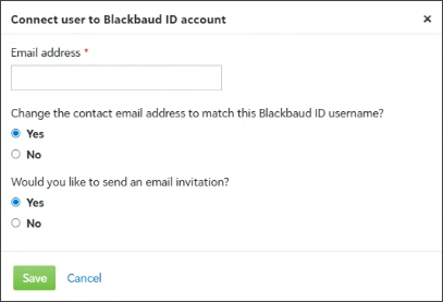Screen for connect user to Blackbaud ID with option to change contact email address to match BBID username
