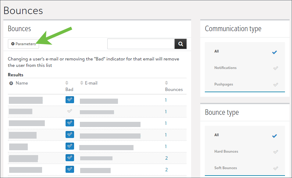 Image shows the main user interface for bounces, a green arrow indicates the Parameters button able the list of bad emails