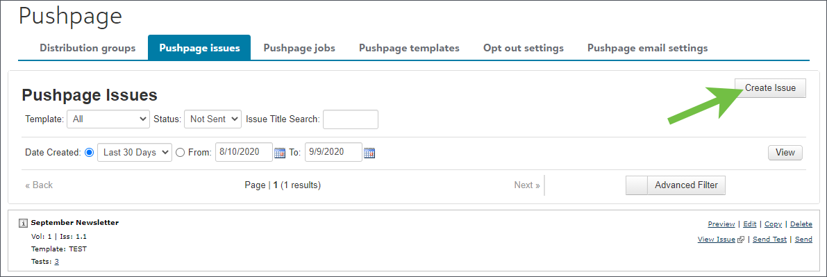 Image shows the top of the Pushpage Issues page. A green arrow points to the Create Issue button in the mid-upper right. 