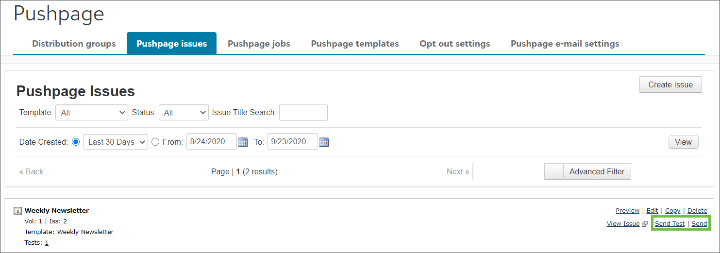 Image shows the Pushpage Issues page. In the lower right corner, a green box draws attention to the "Send test" and "Send" options for one issue.