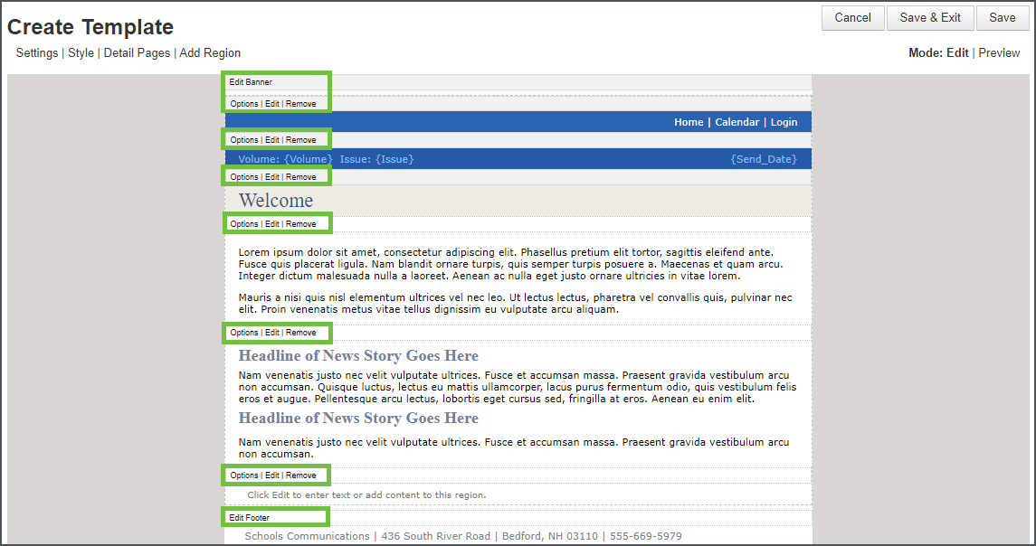 Image shows the Create Template page where you adjust the template. The template include filler text ("Headline goes here" and "Lorem ipsum..."). For each region a green rectangle calls attention to where you configure Options for a region, Edit a region, or Remove a region. 