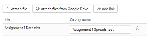Attach file window showing the file Assignment 1 Data.xlsx with its Display name field set to Assignment 1 Spreadsheet