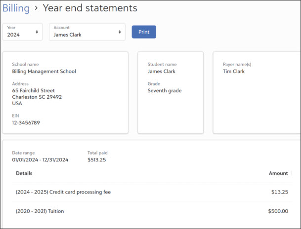 Year end statements for Billing Management