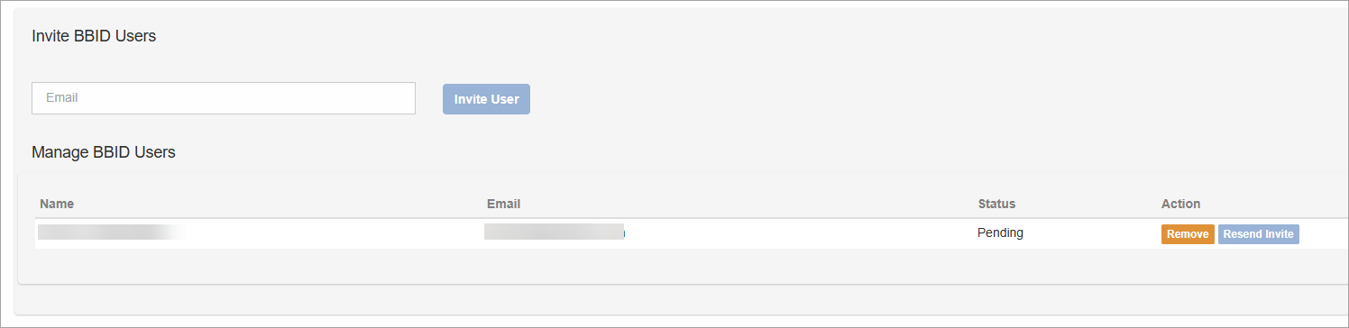 Invite BBID Users section with an email field and Invite User button, and a Manage BBID Users table listing a user with Pending status and Remove or Resend Invite actions