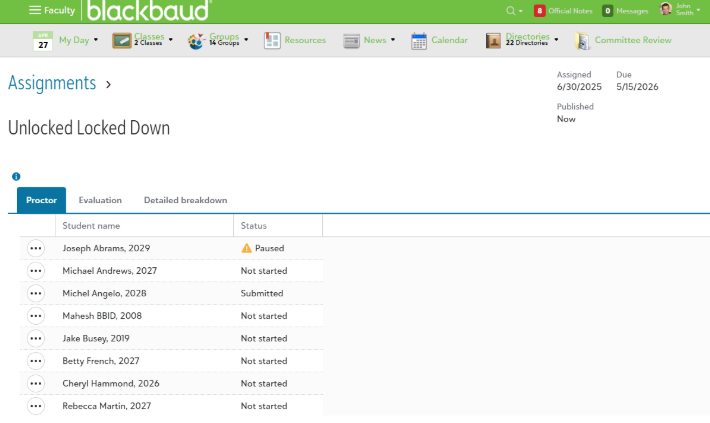 list of students with assignments locked down on the Proctor tab
