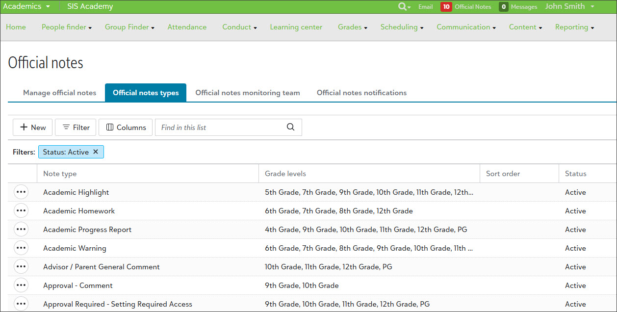 Official Notes Type as a "SKY" style list