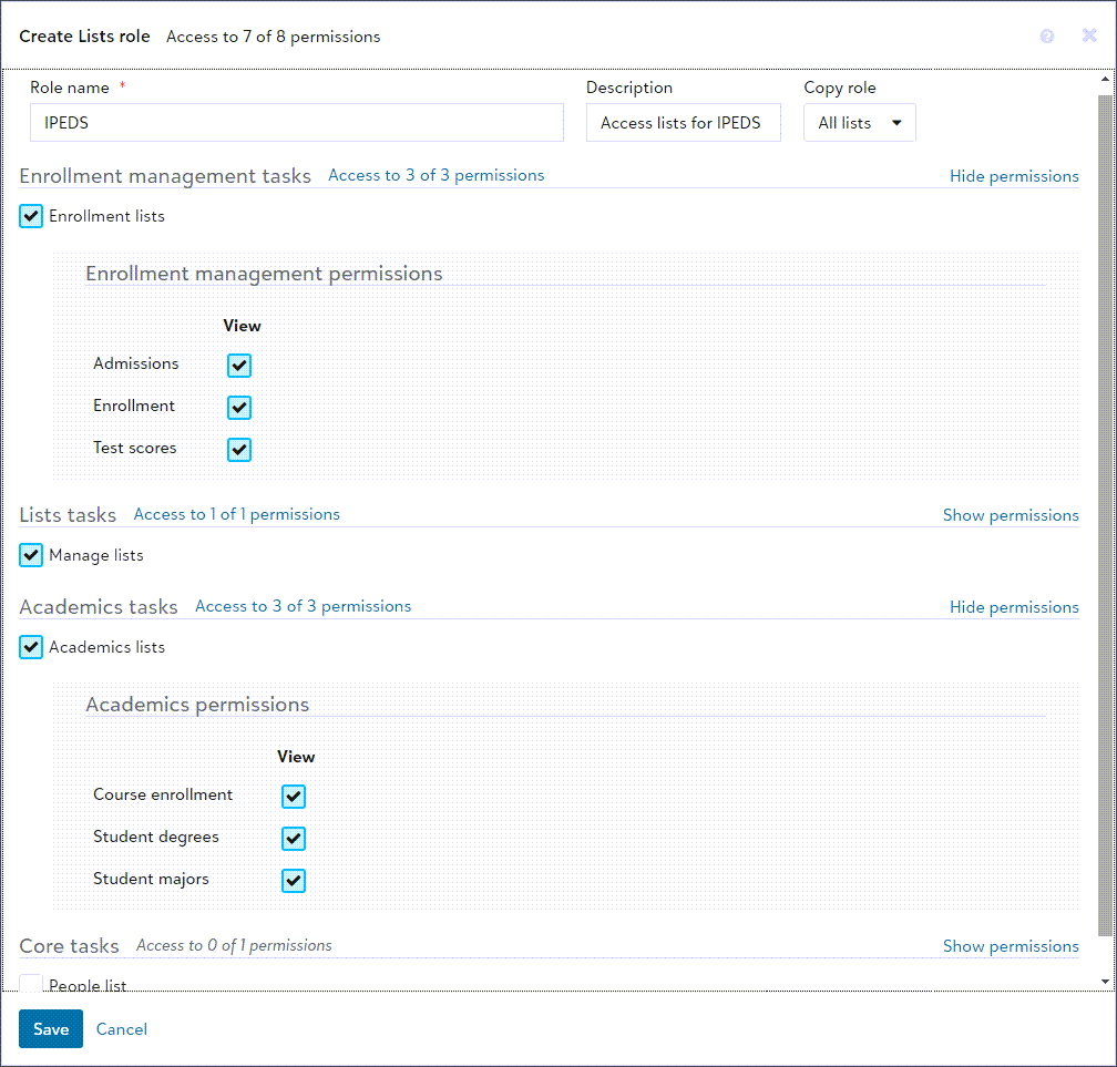 Create a new Role for Lists based on the All Lists role. Show permissions for Enrollment lists and Academic lists. 