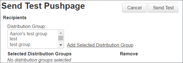 Image shows Send Test Pushpage page. 