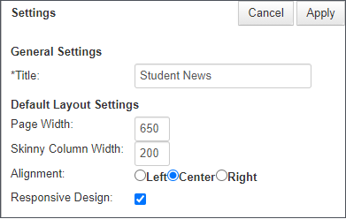 Image shows the Settings pop up, which you access from the top left of the Create Templates page. Image shows settings which enable you to rename/title, change page and column widths, adjust alignment, enable responsive design, select layouts with additional columns, and use locks to prevent editors from making specific changes.