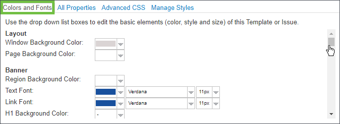 Image shows Colors and Fonts tab.