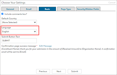 Image of Language drop down menu on the Choose Your Settings modal