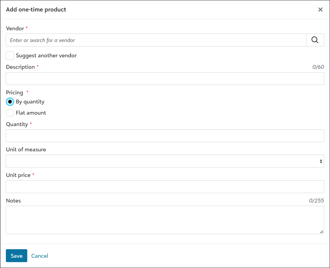 Adding a one-time product on a purchase request line item.