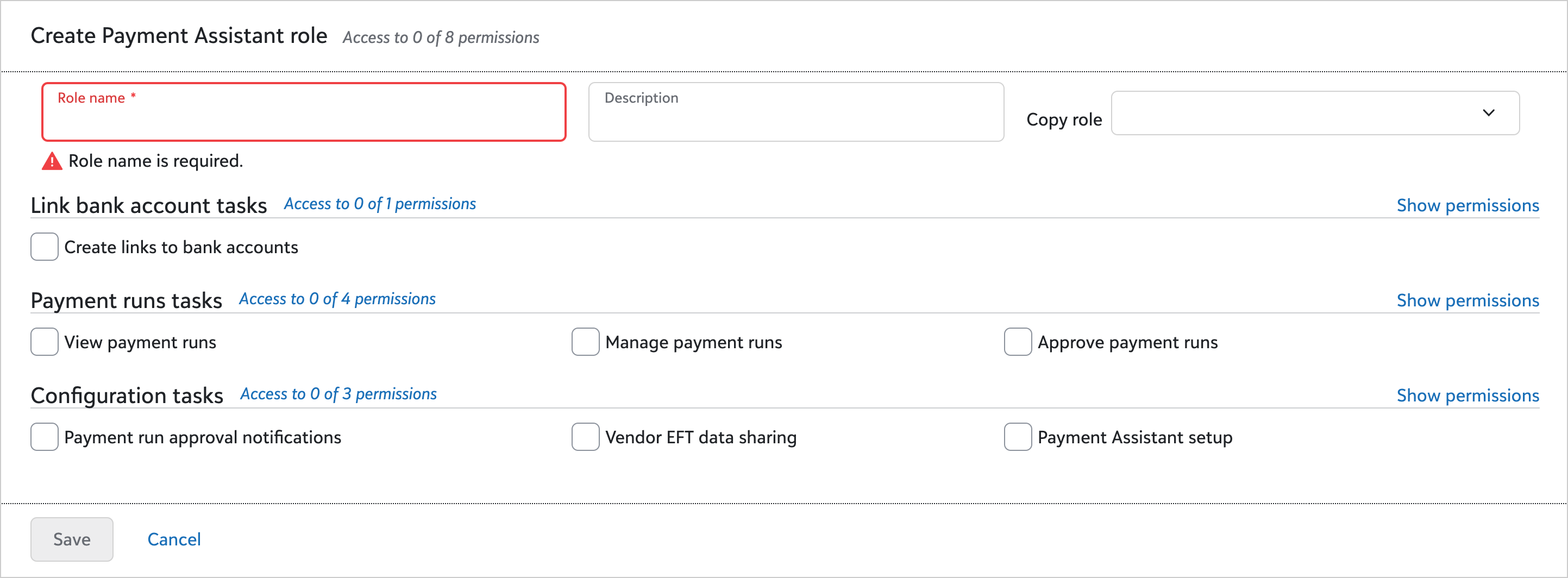 Create Payment Assistant role screen.