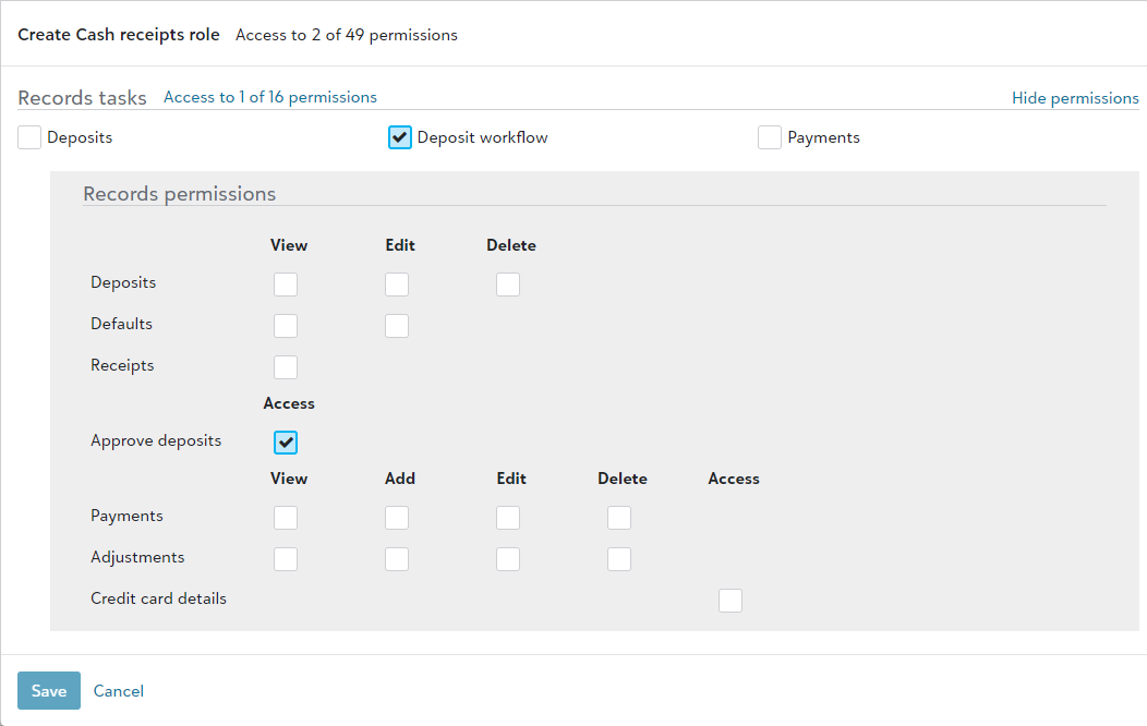 Displays permissions for approving deposits.