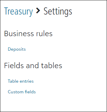 Settings page for Treasury