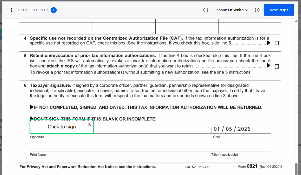 Signature field on form 8821