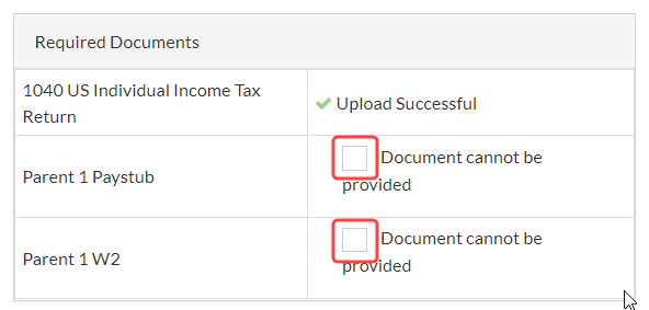 Required Documents tile with callout on Document cannot be provided button.