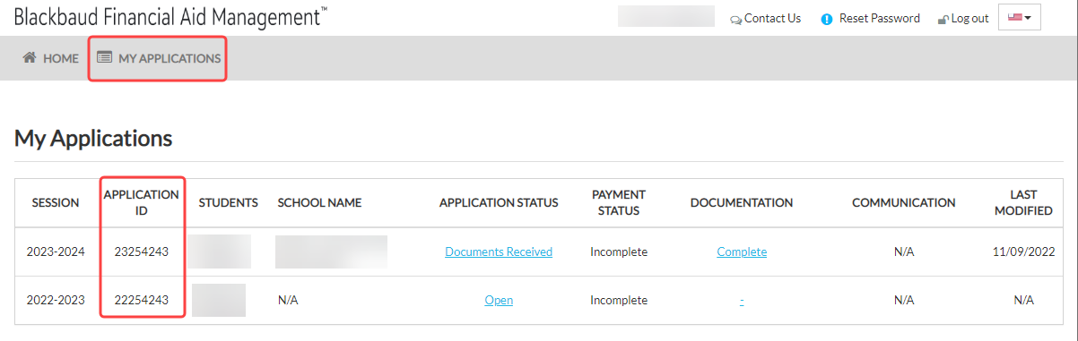My Applications page with callout on Application IDs.