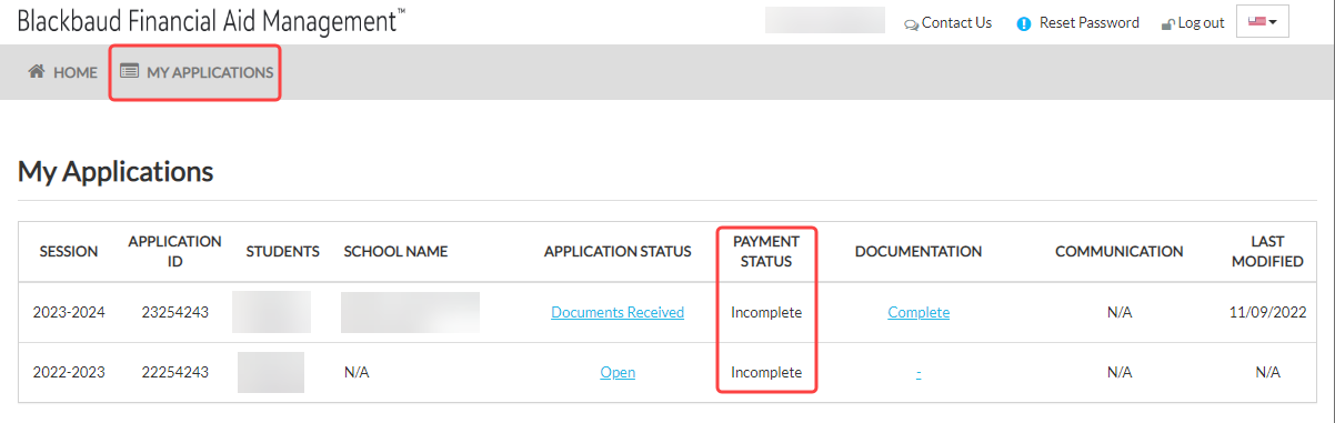 My Applications page with callout on Payment Status.