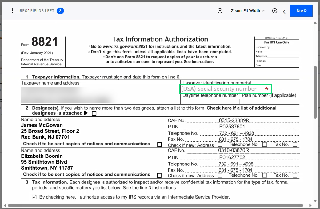 Social Security Number field on form 8821
