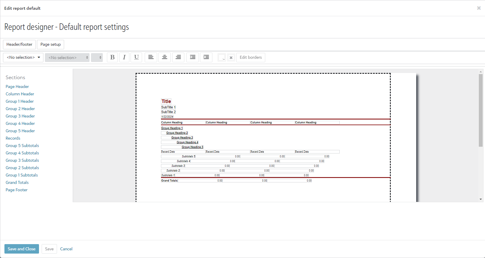 Report designer section map and settings panel