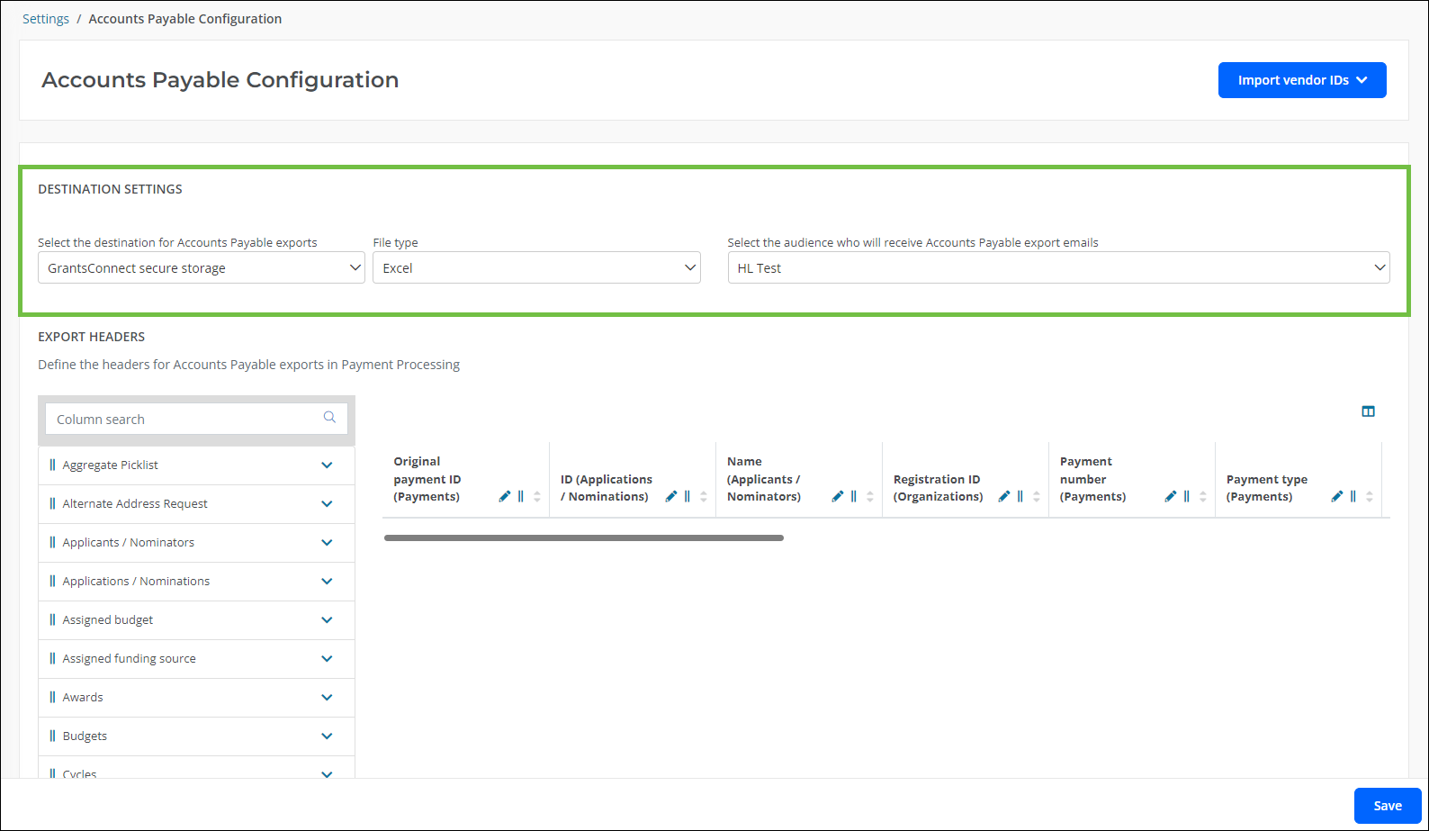 Update the Destination Settings in the Accounts Payable Configuration area