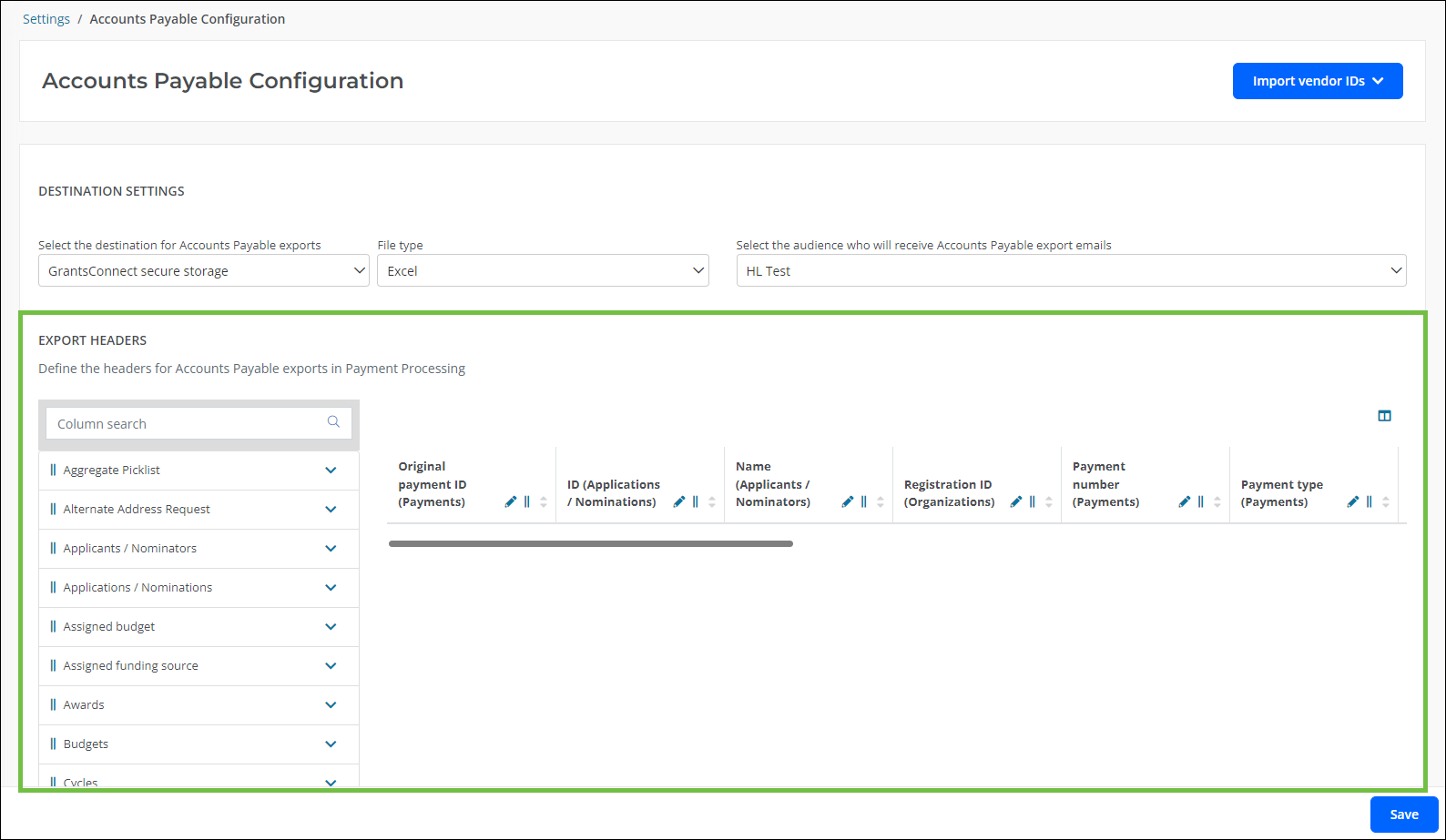 Update the Export Headers in the Accounts Payable Configuration area