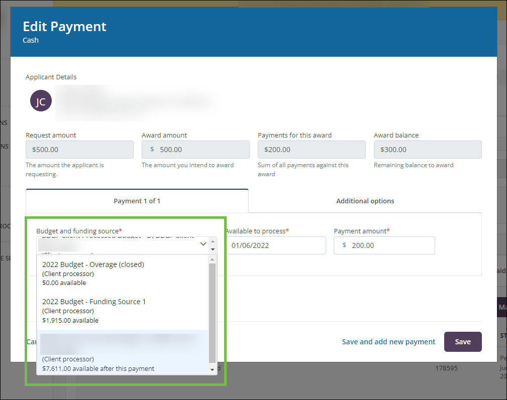 Update budget and funding source on Award payments