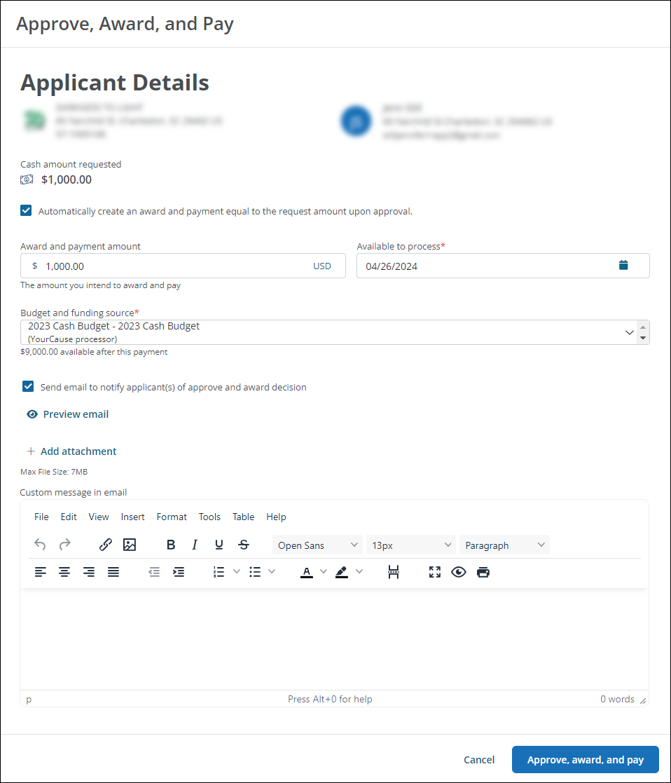 Decision application in the Grant Manager Portal by enabling the Approve, Award, and Pay functionality