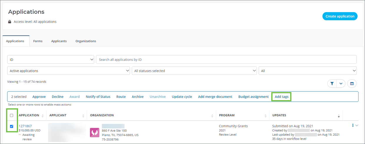 Multiple applications can be tagged by selecting them from the Applications view and then selecting the Add tags button.