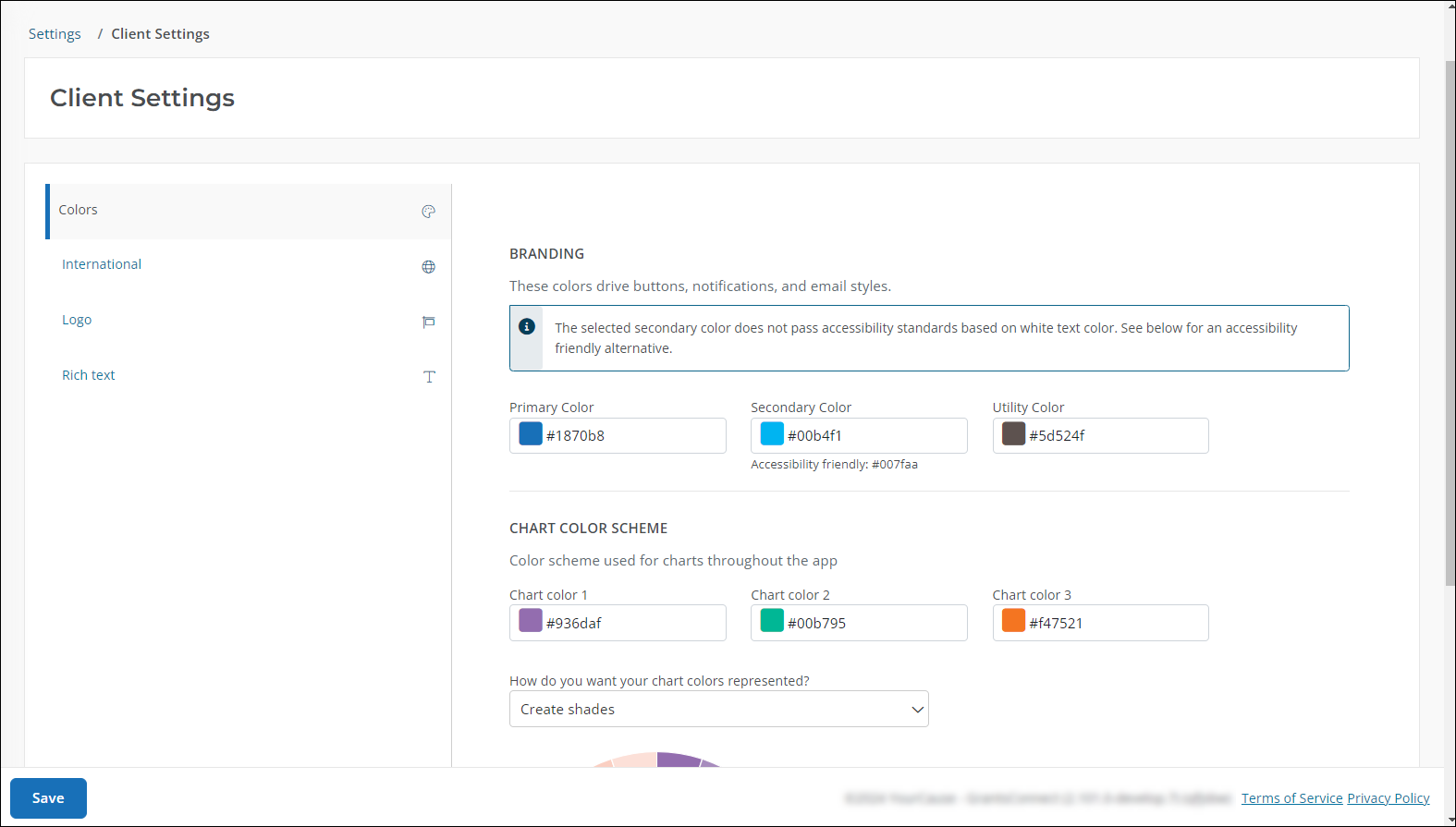 Customize the color schemes used for the buttons, emails, and charts in your organization's account