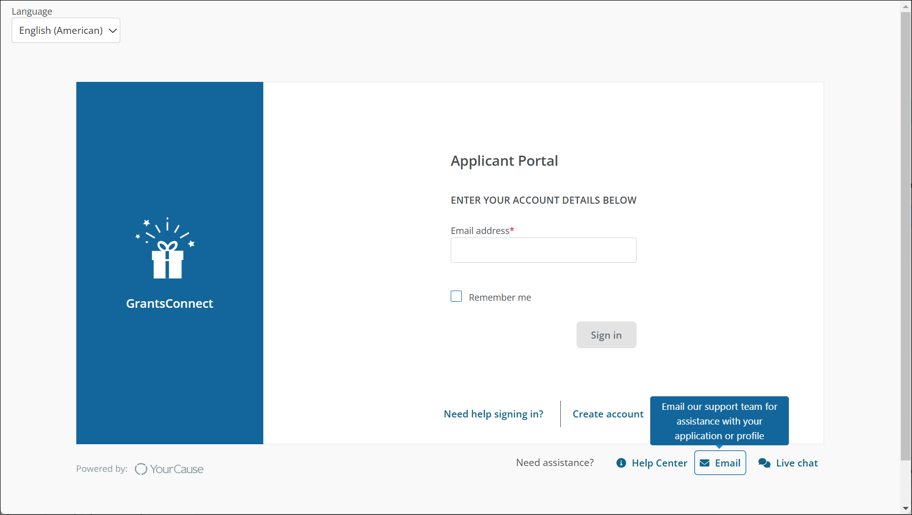 In the Applicant Portal, select Email to complete the GrantsConnect Support form.