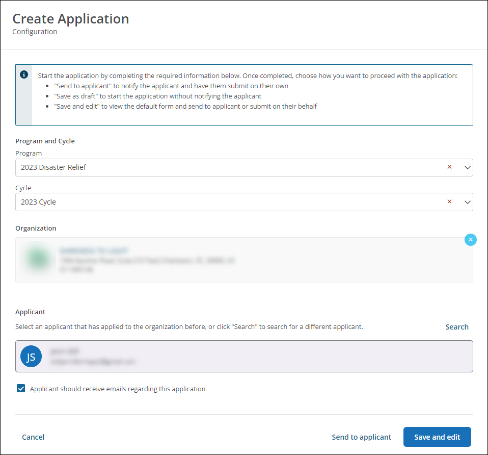 Example of creating a new application for an organization in the Grant Manager Portal