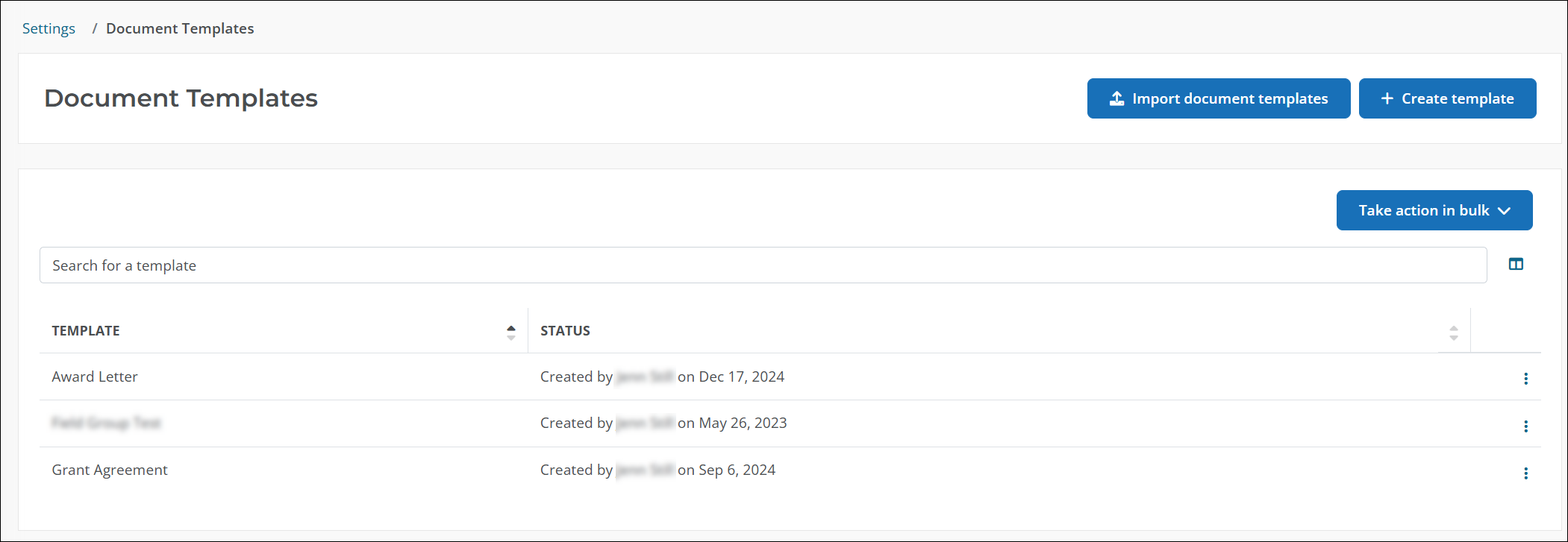 The Settings > Document Templates area allows you to create and manage document templates and merge documents.