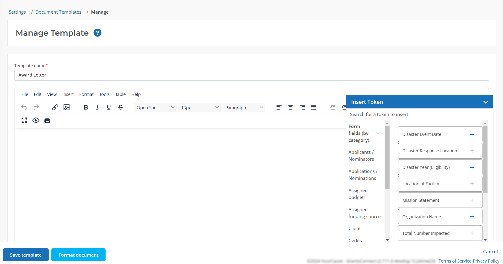 Edit the content of a document template in the Manage Template page.