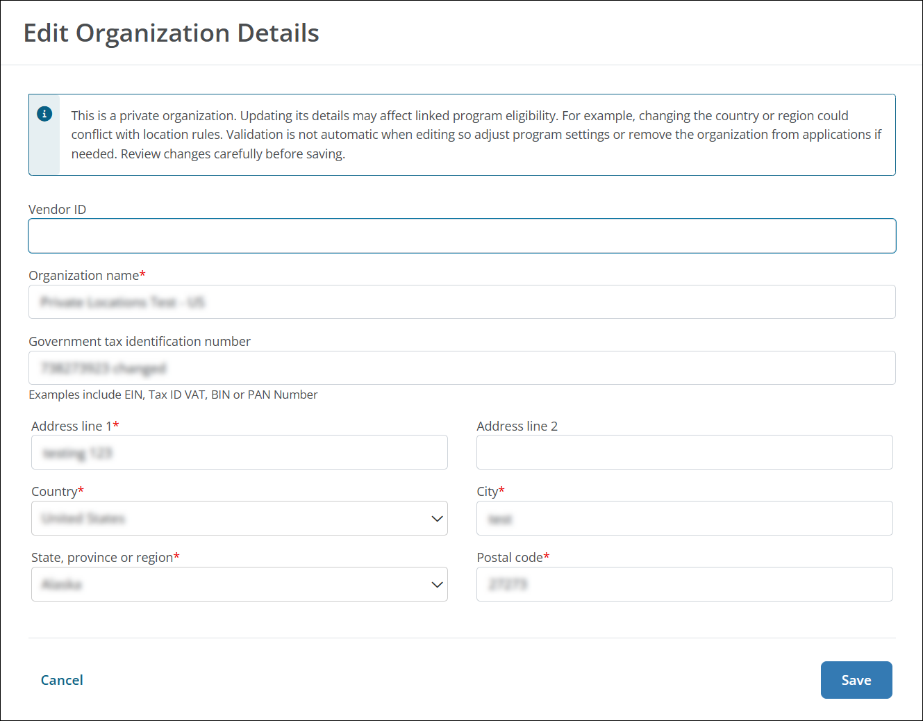 Edit the name, address, Registration ID, or Vendor ID for private organizations in Edit Organization Details